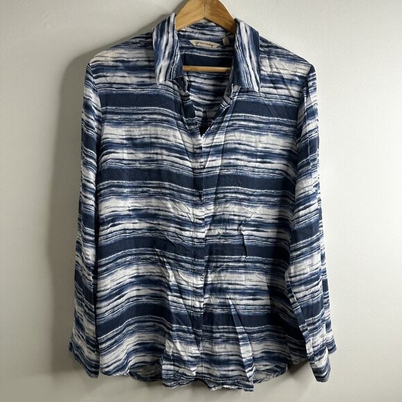 Soft Surroundings Button Up Blouse Top Womens XL Blue White Boho Coastal Beach - Picture 1 of 12